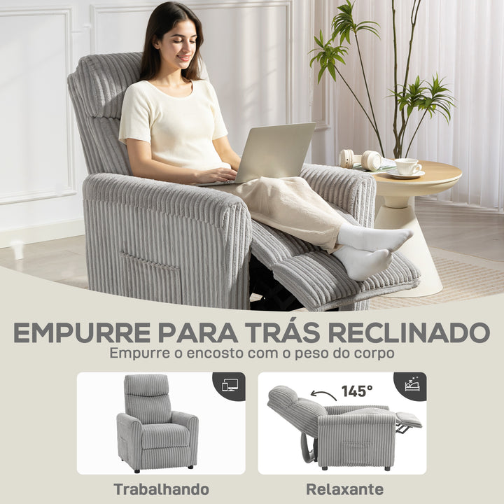 Poltrona Relax Reclinável Poltrona Reclinável Manual Estofada em Veludo Instalação Rápida Apoio para Pés Acolchoamento Grosso Para Sala de Estar Quarto Escritório 73x86x100 cm Cinza