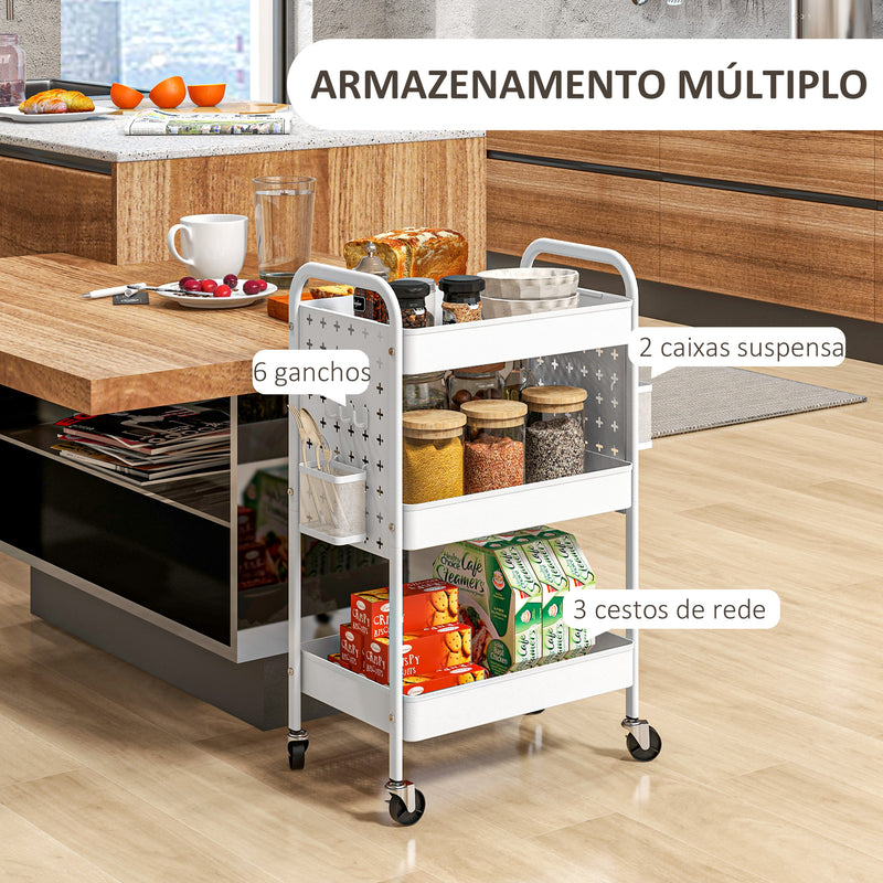 Carrinho Auxiliar com Rodas de Aço Carrinho de Armazenamento com 3 Bandejas 2 Cestos Pendurados e 6 Ganchos para Sala Cozinha Casa de Banho 53,5x30,5x75 cm Branco