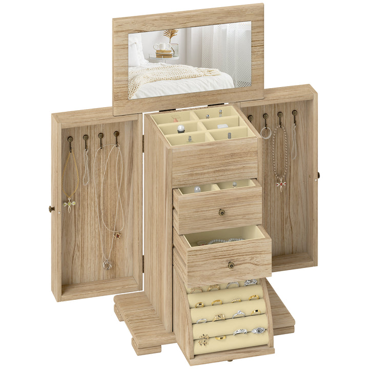 Caixa Joias de Madeira de 4 Níveis Organizador de Joias Grande com 2 Gavetas Espelho para Brincos Anéis Colares 26,5x16x33,5 cm Madeira