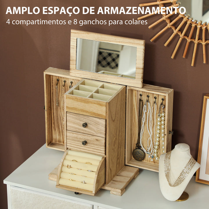 Caixa Joias de Madeira de 4 Níveis Organizador de Joias Grande com 2 Gavetas Espelho para Brincos Anéis Colares 26,5x16x33,5 cm Madeira