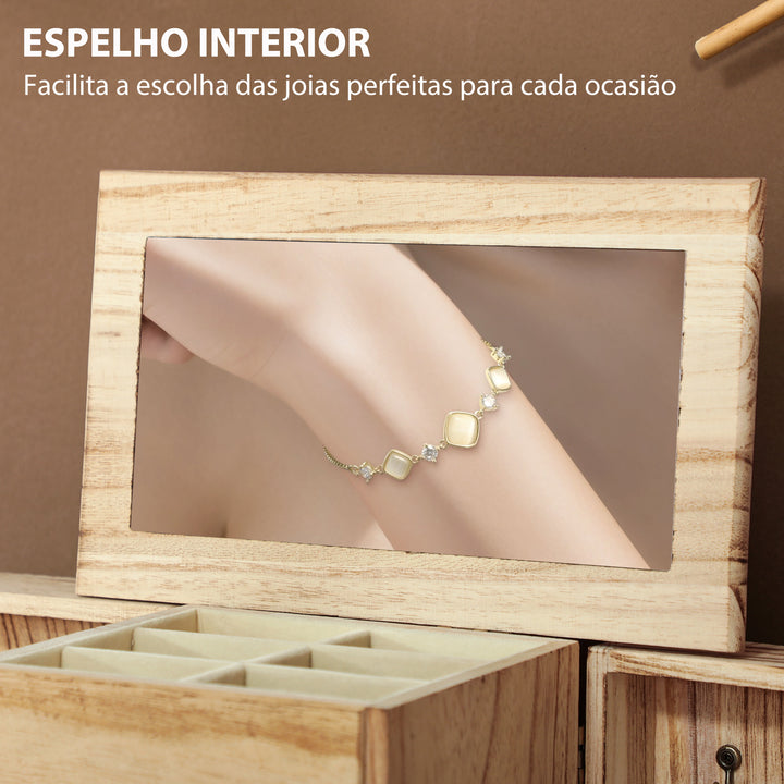 Caixa Joias de Madeira de 4 Níveis Organizador de Joias Grande com 2 Gavetas Espelho para Brincos Anéis Colares 26,5x16x33,5 cm Madeira