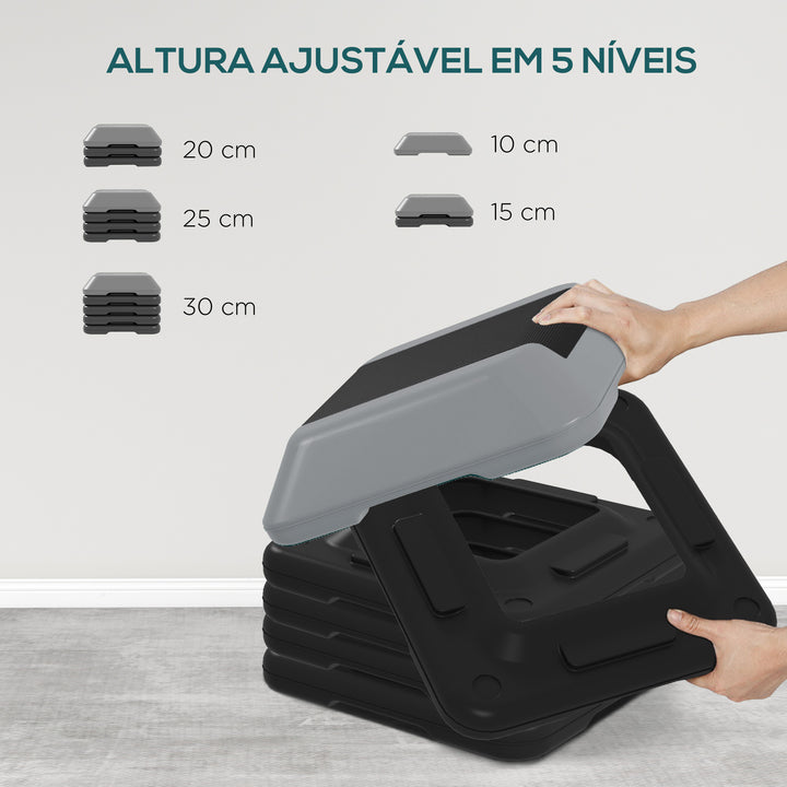 Step de Aeróbica Step para Fitness Antiderrapante com Altura Ajustável de 10/15/20/25/30 cm Suporta até 150 kg Cinzento