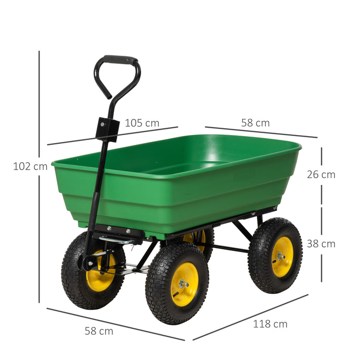 Carrinho de Jardim com Caçamba Inclinável até 75° Carrinho de Mão com Guiador Ajustável e 4 Pneus Capacidade Máxima 125L Aço 118x58x102 cm Verde Escuro