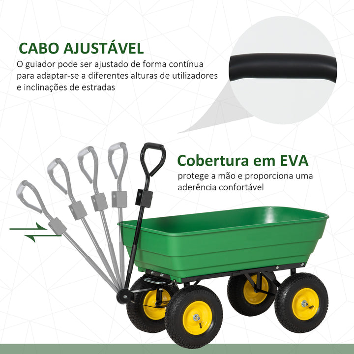Carrinho de Jardim com Caçamba Inclinável até 75° Carrinho de Mão com Guiador Ajustável e 4 Pneus Capacidade Máxima 125L Aço 118x58x102 cm Verde Escuro