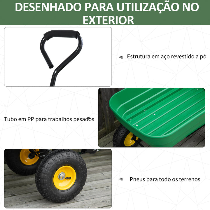 Carrinho de Jardim com Caçamba Inclinável até 75° Carrinho de Mão com Guiador Ajustável e 4 Pneus Capacidade Máxima 125L Aço 118x58x102 cm Verde Escuro