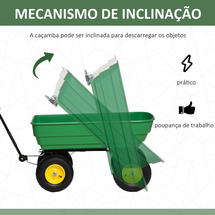 Carrinho de Jardim com Caçamba Inclinável até 75° Carrinho de Mão com Guiador Ajustável e 4 Pneus Capacidade Máxima 125L Aço 118x58x102 cm Verde Escuro