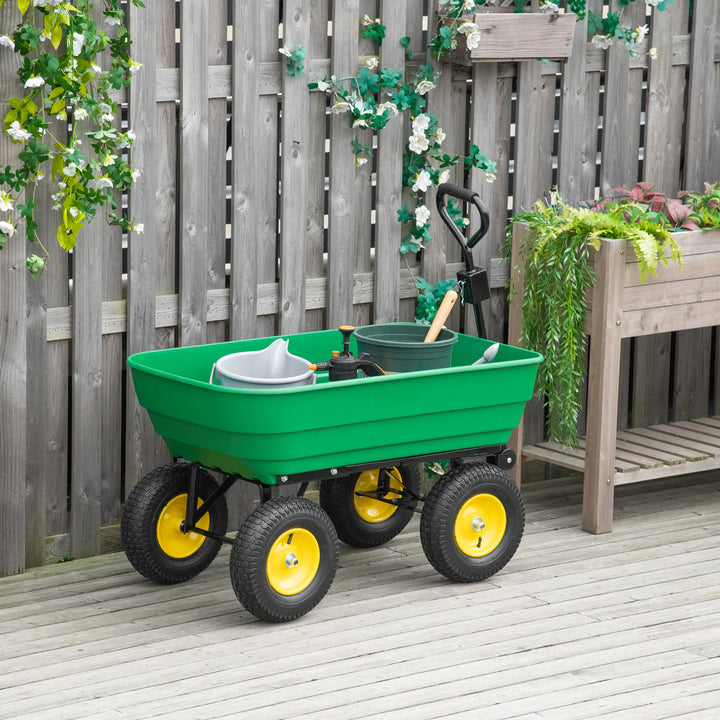 Carrinho de Jardim com Caçamba Inclinável até 75° Carrinho de Mão com Guiador Ajustável e 4 Pneus Capacidade Máxima 125L Aço 118x58x102 cm Verde Escuro