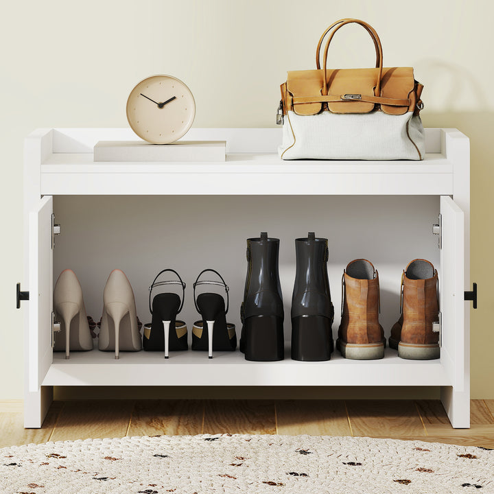 Banco Sapateira Móvel Sapateira Banco de Entrada com Portas Frentes de Vime Prateleira para 8 Pares de Sapatos para Entrada Dormitório 80x35x52 cm Branco