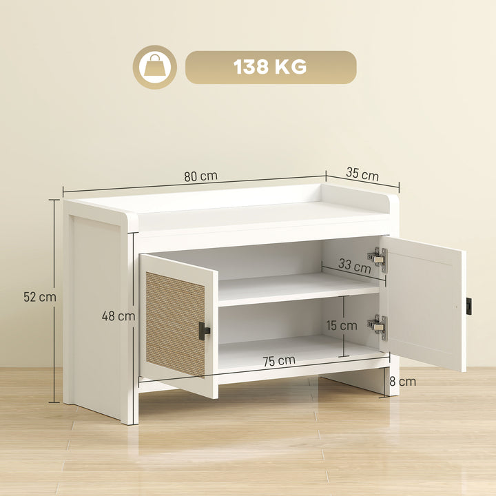 Banco Sapateira Móvel Sapateira Banco de Entrada com Portas Frentes de Vime Prateleira para 8 Pares de Sapatos para Entrada Dormitório 80x35x52 cm Branco