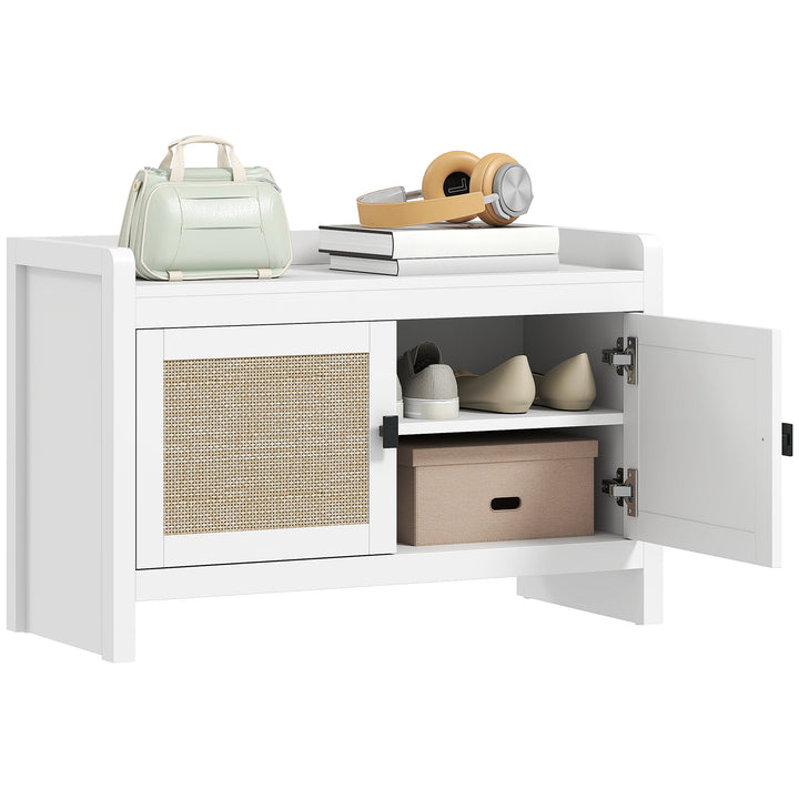Banco Sapateira Móvel Sapateira Banco de Entrada com Portas Frentes de Vime Prateleira para 8 Pares de Sapatos para Entrada Dormitório 80x35x52 cm Branco