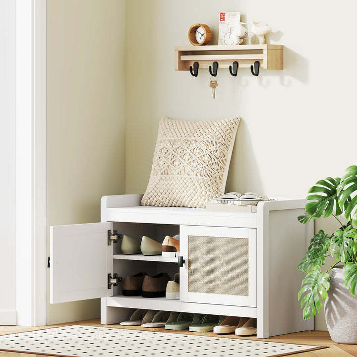 Banco Sapateira Móvel Sapateira Banco de Entrada com Portas Frentes de Vime Prateleira para 8 Pares de Sapatos para Entrada Dormitório 80x35x52 cm Branco