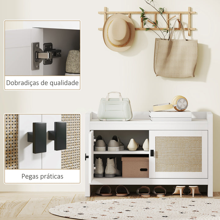 Banco Sapateira Móvel Sapateira Banco de Entrada com Portas Frentes de Vime Prateleira para 8 Pares de Sapatos para Entrada Dormitório 80x35x52 cm Branco