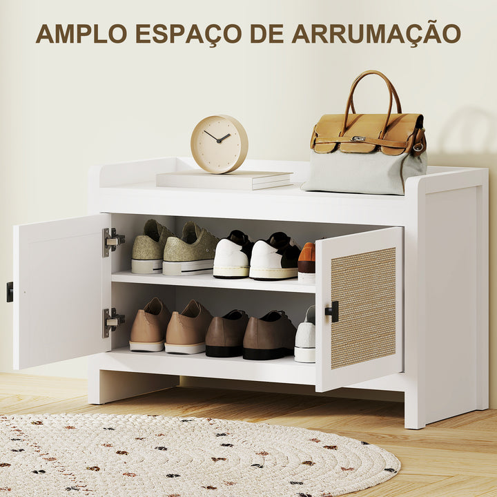 Banco Sapateira Móvel Sapateira Banco de Entrada com Portas Frentes de Vime Prateleira para 8 Pares de Sapatos para Entrada Dormitório 80x35x52 cm Branco