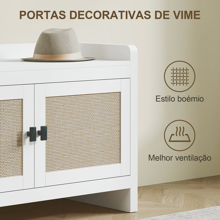 Banco Sapateira Móvel Sapateira Banco de Entrada com Portas Frentes de Vime Prateleira para 8 Pares de Sapatos para Entrada Dormitório 80x35x52 cm Branco