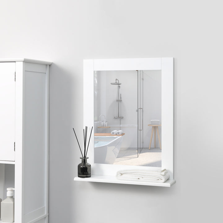 Espelho de Casa de Banho 50x11,x5x60cm Espelho de Parede Moderno com Prateleira de Armazenamento e Estrutura de Madeira para Dormitório Casa de Banho Branco