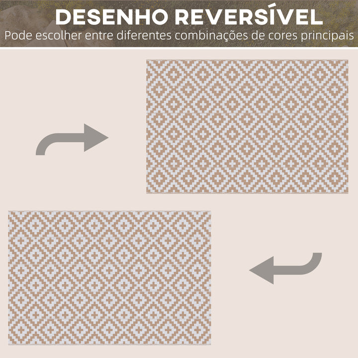 Tapete de Exterior 182x274 cm Tapete Reversível com Desenho Geomátrico Impermeável para Varanda Pátio Campismo Praia Branco e Castanho