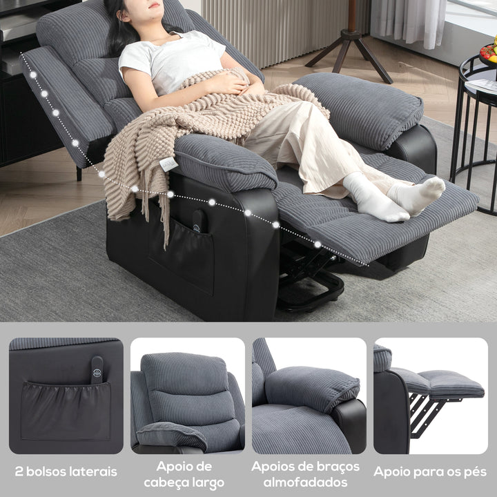 Poltrona Relax Reclinável Elétrica Levanta Pessoas, com Porta USB, Controlo Remoto, Apoio para os Pés, Estofada em Veludo, Bolsos Laterais, Cinzento Escuro
