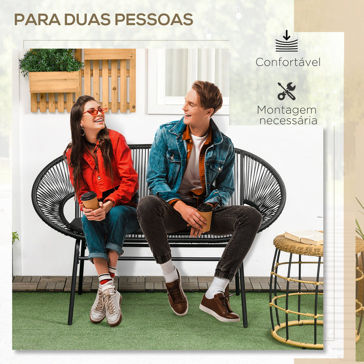 Sofá Acapulco de 2 Lugares Sofá de Jardim com Apoios de Braço Almofada e Estrutura de Aço Capacidade 260 kg para Varanda Terraço Pátio 132x72x83 cm Preto