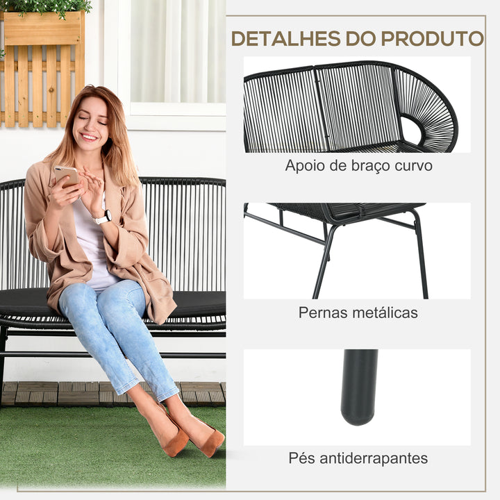 Sofá Acapulco de 2 Lugares Sofá de Jardim com Apoios de Braço Almofada e Estrutura de Aço Capacidade 260 kg para Varanda Terraço Pátio 132x72x83 cm Preto