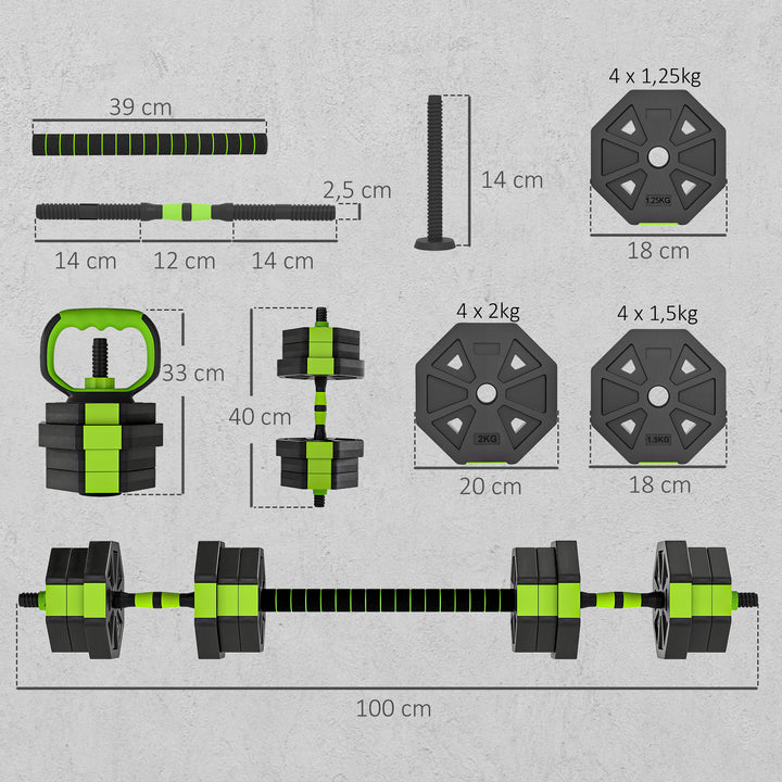 Conjunto de Halteres Ajustáveis 4 em 1 20 kg Conjunto de Pesos Utilizado como Kettlebell Barra Halteres ou Suporte para Flexões Equipamento de Fitness para Homens e Mulheres Ginásio em Casa