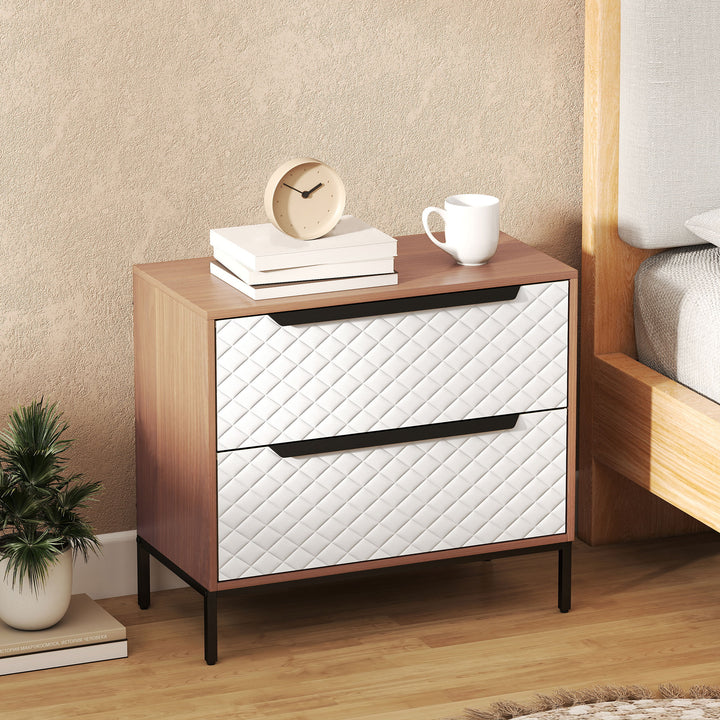 Cómoda com 2 Gavetas de Tecido Cómoda para Quarto Frentes com Padrão de Diamante Móvel de Arrumação para Sala de Estar Escritório Closet 59,5x30x54 cm Madeira e Branco