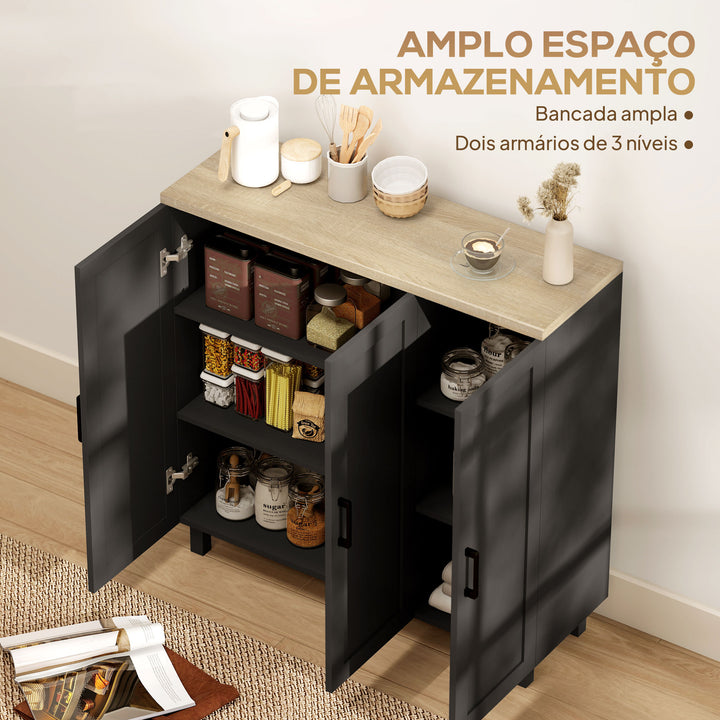 Aparador de Cozinha Armário para Sala de Estar Móvel Buffet com 3 Portas e Prateleiras Ajustáveis para Sala de Jantar Estilo Nórdico 90x30x90 cm Preto e Madeira