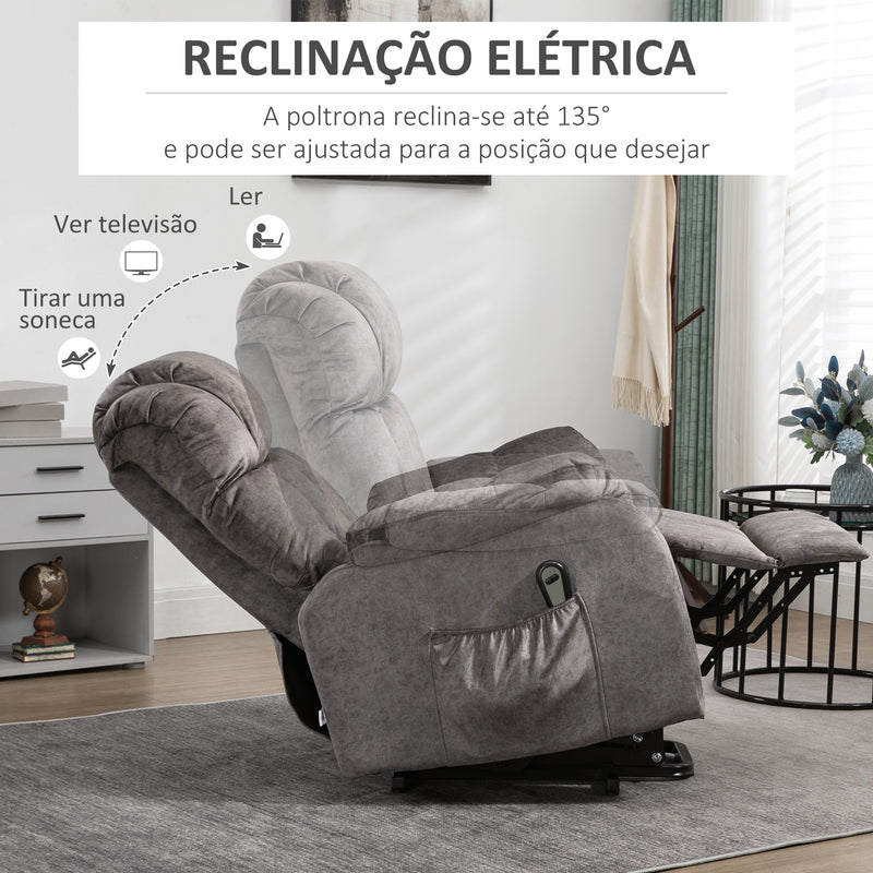 Poltrona Levanta Pessoas Estofada em Veludo com Reclinação Elétrica 135° Controlo Remoto Apoio para os Pés e 2 Bolsos Laterais 83x91x100 cm Cinza