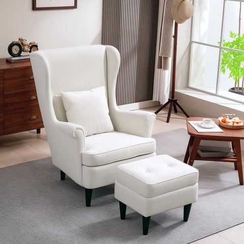 Poltrona com Apoio para Pés Poltrona de Leitura com Encosto Alto Capitonê Pés de Madeira Almofada Acolchoada e Revestimento em Linho Poltrona para Sala Quarto Escritório 75x83x104 cm Bege