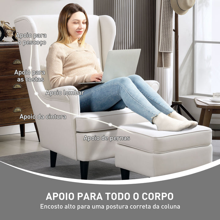 Poltrona com Apoio para Pés Poltrona de Leitura com Encosto Alto Capitonê Pés de Madeira Almofada Acolchoada e Revestimento em Linho Poltrona para Sala Quarto Escritório 75x83x104 cm Bege