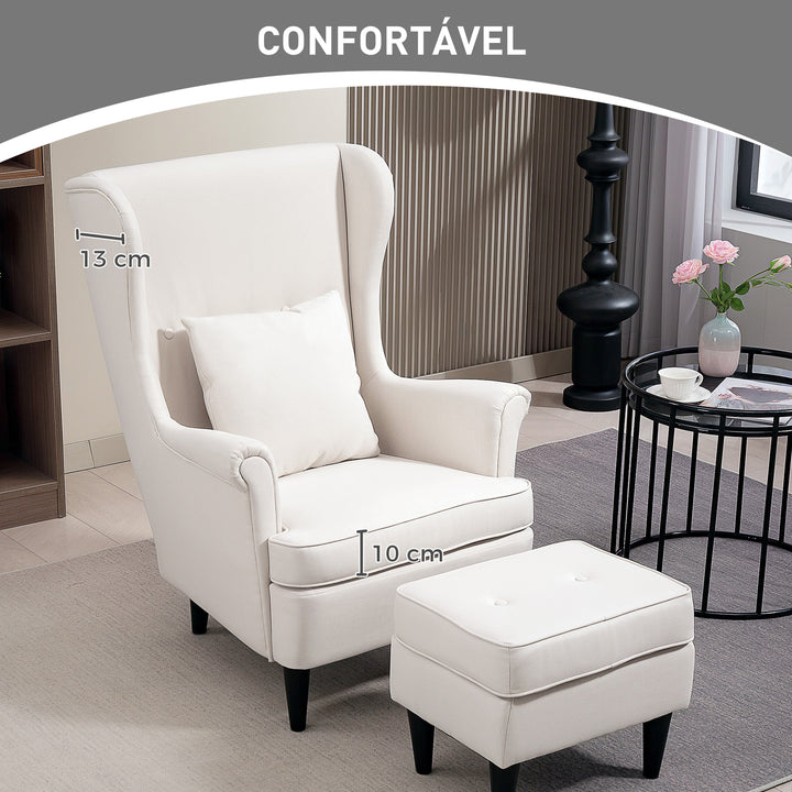 Poltrona com Apoio para Pés Poltrona de Leitura com Encosto Alto Capitonê Pés de Madeira Almofada Acolchoada e Revestimento em Linho Poltrona para Sala Quarto Escritório 75x83x104 cm Bege