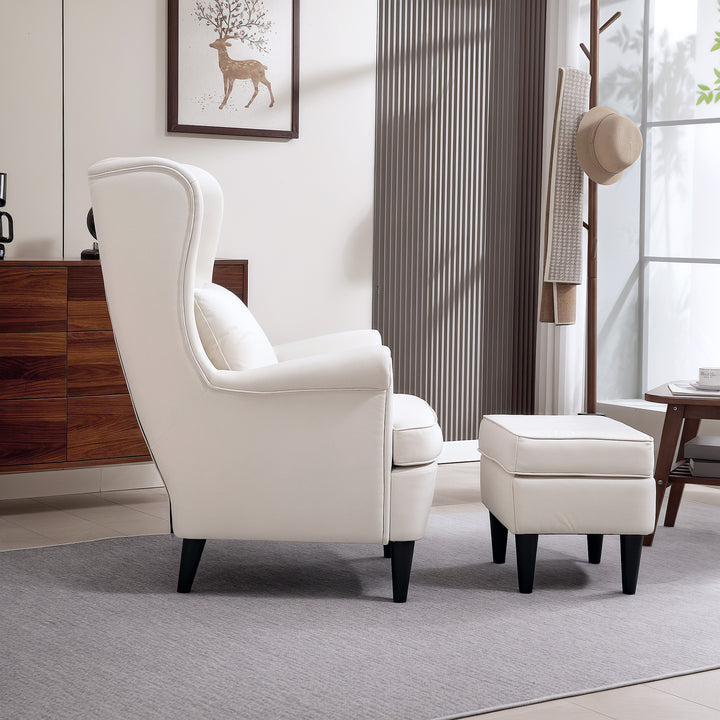 Poltrona com Apoio para Pés Poltrona de Leitura com Encosto Alto Capitonê Pés de Madeira Almofada Acolchoada e Revestimento em Linho Poltrona para Sala Quarto Escritório 75x83x104 cm Bege