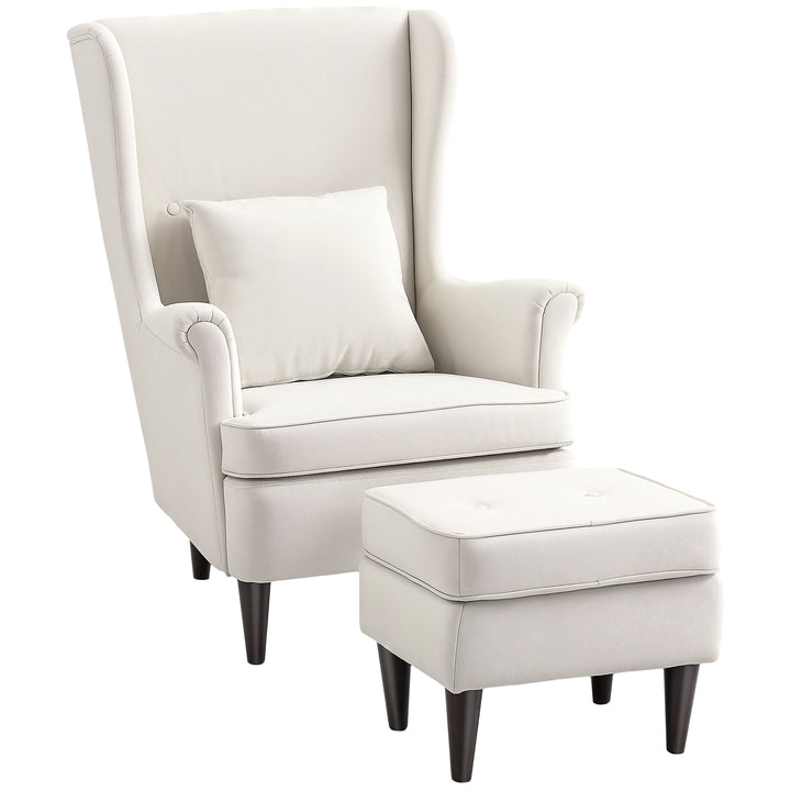 Poltrona com Apoio para Pés Poltrona de Leitura com Encosto Alto Capitonê Pés de Madeira Almofada Acolchoada e Revestimento em Linho Poltrona para Sala Quarto Escritório 75x83x104 cm Bege