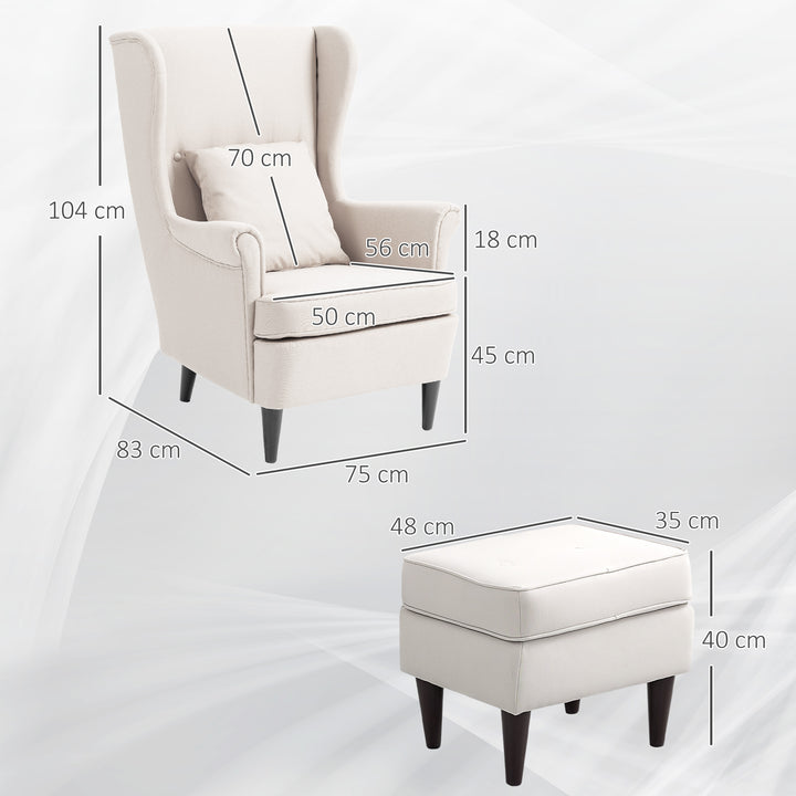 Poltrona com Apoio para Pés Poltrona de Leitura com Encosto Alto Capitonê Pés de Madeira Almofada Acolchoada e Revestimento em Linho Poltrona para Sala Quarto Escritório 75x83x104 cm Bege