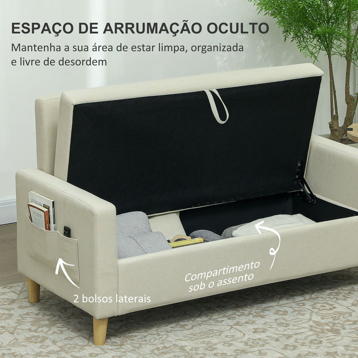 Sofá 2 Lugares Estofado em Linho Sintético Sofá Sala de Estar com 2 Almofadas Espaço de Armazenamento e Pés de Madeira Sofá Pequeno Carga 240 kg 135x72x84 cm Bege