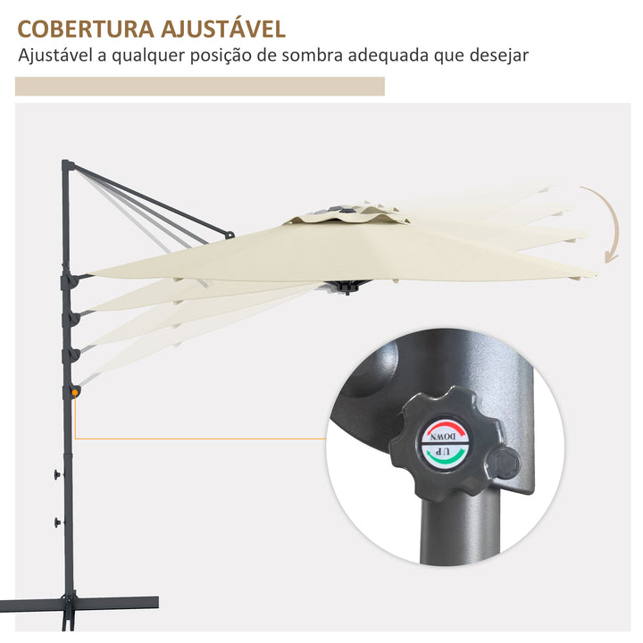 Chapéu de Sol Excêntrico Ø294x242 cm Chapéu de Sol de Jardim com Altura Ajustável Mastro Giratório 360° Ângulo Ajustável e Ventilação Superior para Pátio Piscina Creme