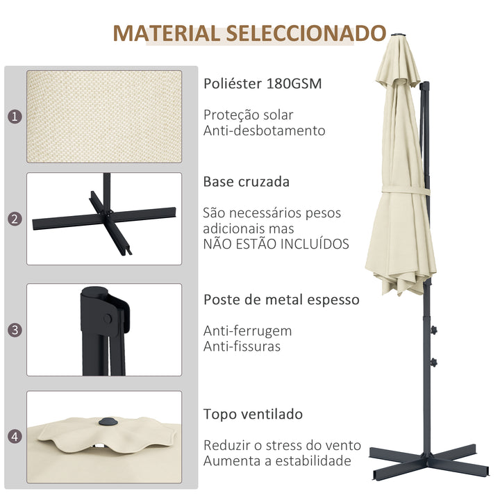 Chapéu de Sol Excêntrico Ø294x242 cm Chapéu de Sol de Jardim com Altura Ajustável Mastro Giratório 360° Ângulo Ajustável e Ventilação Superior para Pátio Piscina Creme