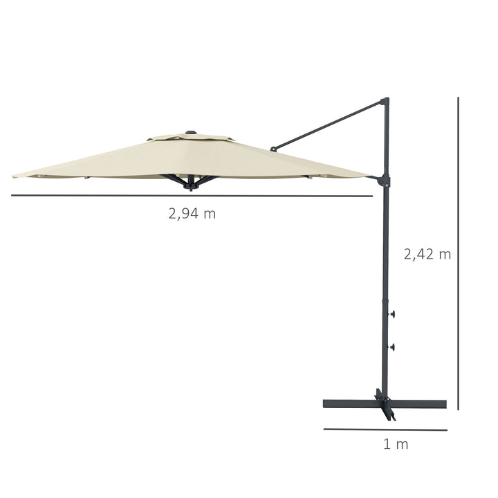 Chapéu de Sol Excêntrico Ø294x242 cm Chapéu de Sol de Jardim com Altura Ajustável Mastro Giratório 360° Ângulo Ajustável e Ventilação Superior para Pátio Piscina Creme