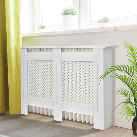 Cobertura de Radiador de Madeira com prateleira e painel decorativo elegante e moderno 111,5x19x82 cm Branco