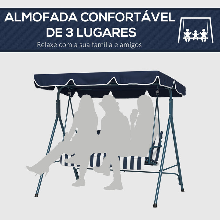 Baloiço de Jardim de 3 Lugares com Almofada Toldo Ajustável e Estrutura de Metal para Balcão Terraço Patio Carga Máx. 300kg 172x110x153cm Azul e Branco
