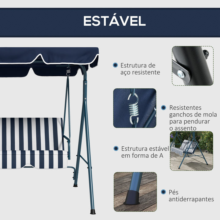 Baloiço de Jardim de 3 Lugares com Almofada Toldo Ajustável e Estrutura de Metal para Balcão Terraço Patio Carga Máx. 300kg 172x110x153cm Azul e Branco