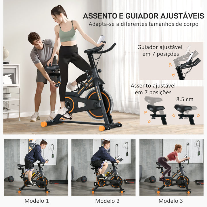 Bicicleta Estática com Resistência Ajustável Bicicleta Fitness com Volante de Inércia de 8kg Ecrã LCD Assento e Guiador Ajustáveis Suporte para Tablet 103x48x115cm Preto e Laranja
