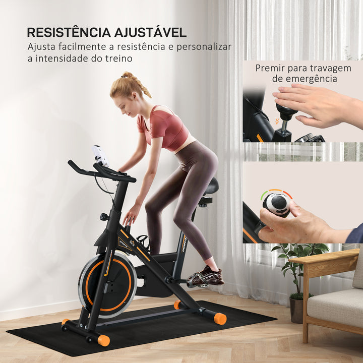 Bicicleta Estática com Resistência Ajustável Bicicleta Fitness com Volante de Inércia de 8kg Ecrã LCD Assento e Guiador Ajustáveis Suporte para Tablet 103x48x115cm Preto e Laranja