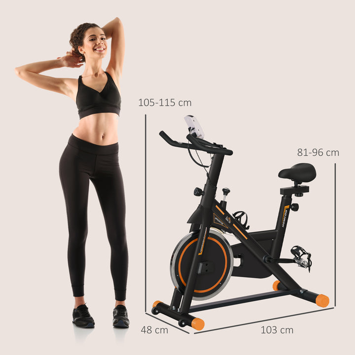 Bicicleta Estática com Resistência Ajustável Bicicleta Fitness com Volante de Inércia de 8kg Ecrã LCD Assento e Guiador Ajustáveis Suporte para Tablet 103x48x115cm Preto e Laranja