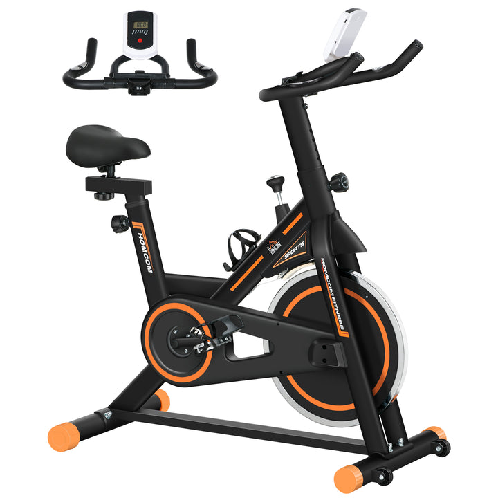 Bicicleta Estática com Resistência Ajustável Bicicleta Fitness com Volante de Inércia de 8kg Ecrã LCD Assento e Guiador Ajustáveis Suporte para Tablet 103x48x115cm Preto e Laranja