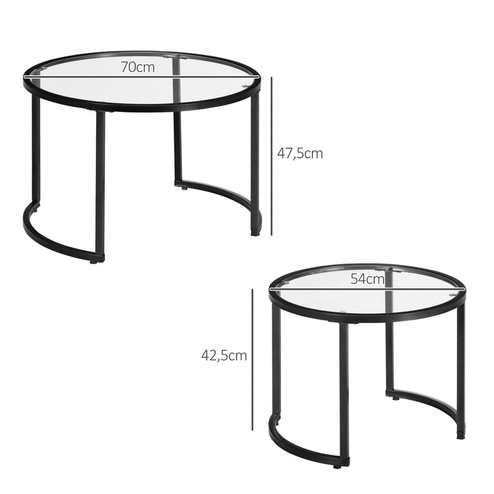 Conjunto de 2 Mesas de Apoio Mesas de Centro Redondas para Sala de Estar Bancada de Vidro Temperado e Estrutura de Aço Grande 70 cm Pequena 54 cm Preto e Transparente