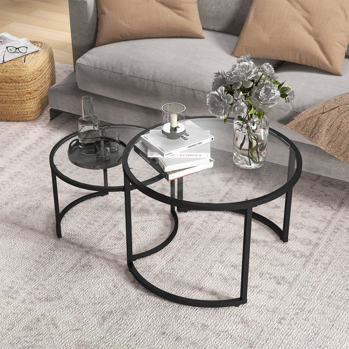 Conjunto de 2 Mesas de Apoio Mesas de Centro Redondas para Sala de Estar Bancada de Vidro Temperado e Estrutura de Aço Grande 70 cm Pequena 54 cm Preto e Transparente