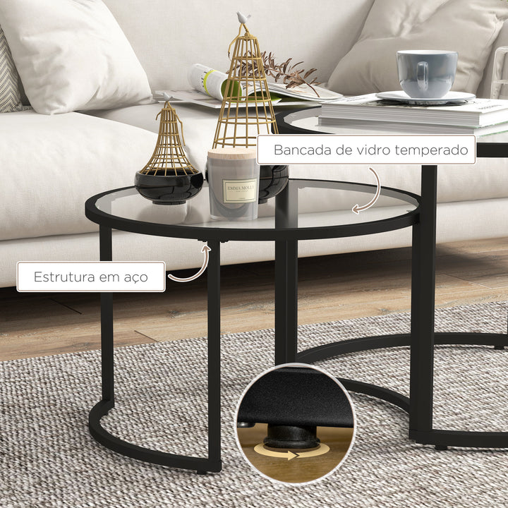 Conjunto de 2 Mesas de Apoio Mesas de Centro Redondas para Sala de Estar Bancada de Vidro Temperado e Estrutura de Aço Grande 70 cm Pequena 54 cm Preto e Transparente