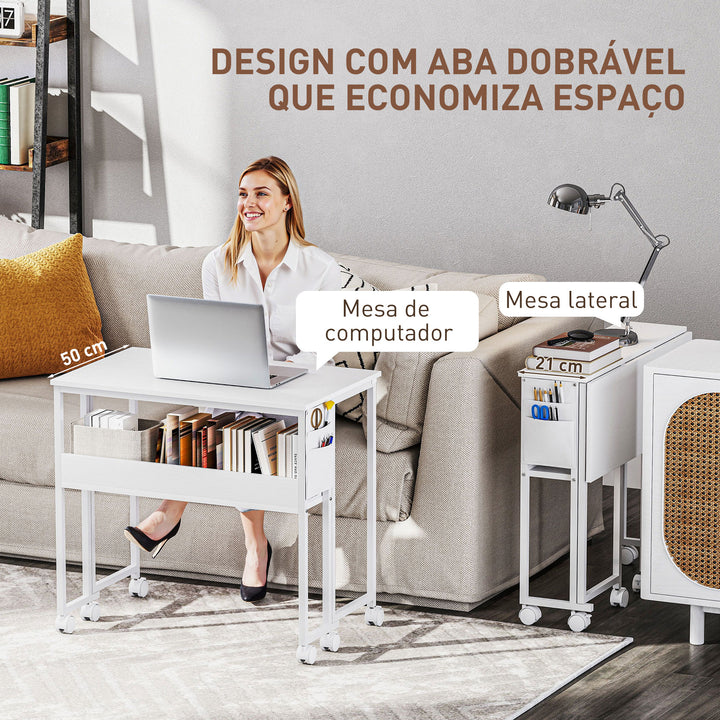 Secretária Dobrável com Rodas e Prateleira Mesa de Escritório Compacta com Bolso de Arrumação Mesa para Computador Portátil para Casa Escritório Espaços Pequenos 80x50x75 cm Branco
