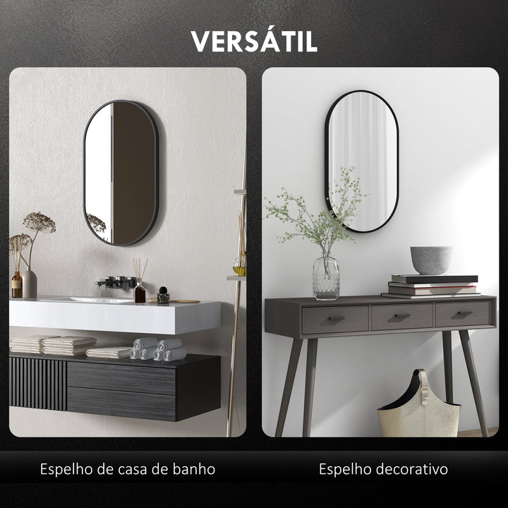 Espelho Casa de Banho Ovalado 60x90 cm Espelho Decorativo de Parede com Estrutura de Alumínio para Sala de Estar Entrada Corredor Horizontal ou Vertical Preto