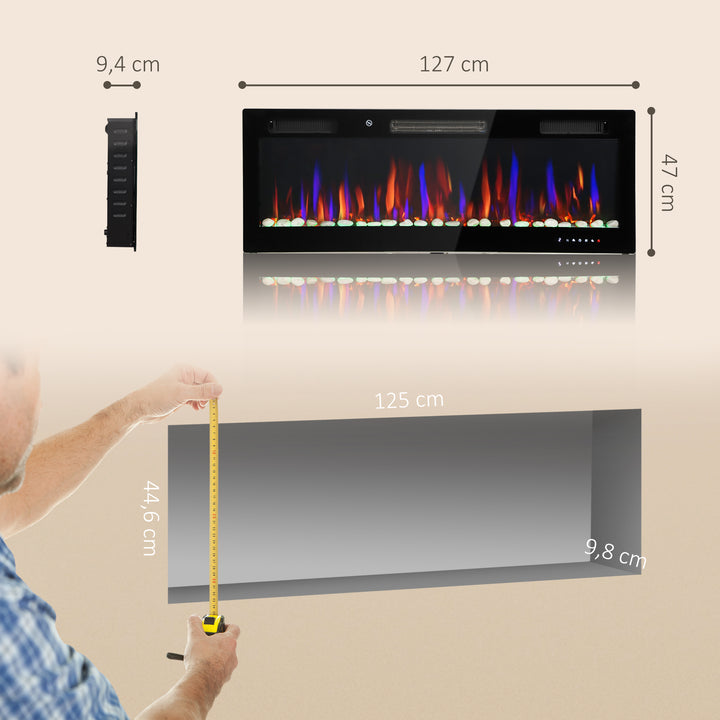 Lareira Elétrica Ultrafina de Parede e Embutir com Chama 3D Lareira Decorativa Brilho/Velocidade Ajustável 12 Cores Pedras 900/1800W Temporizador Termóstato Controlo Remoto